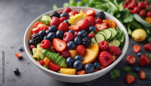 Fresh mixed berries with various vegetables in a bowl, colorful and healthy , veggies, salad