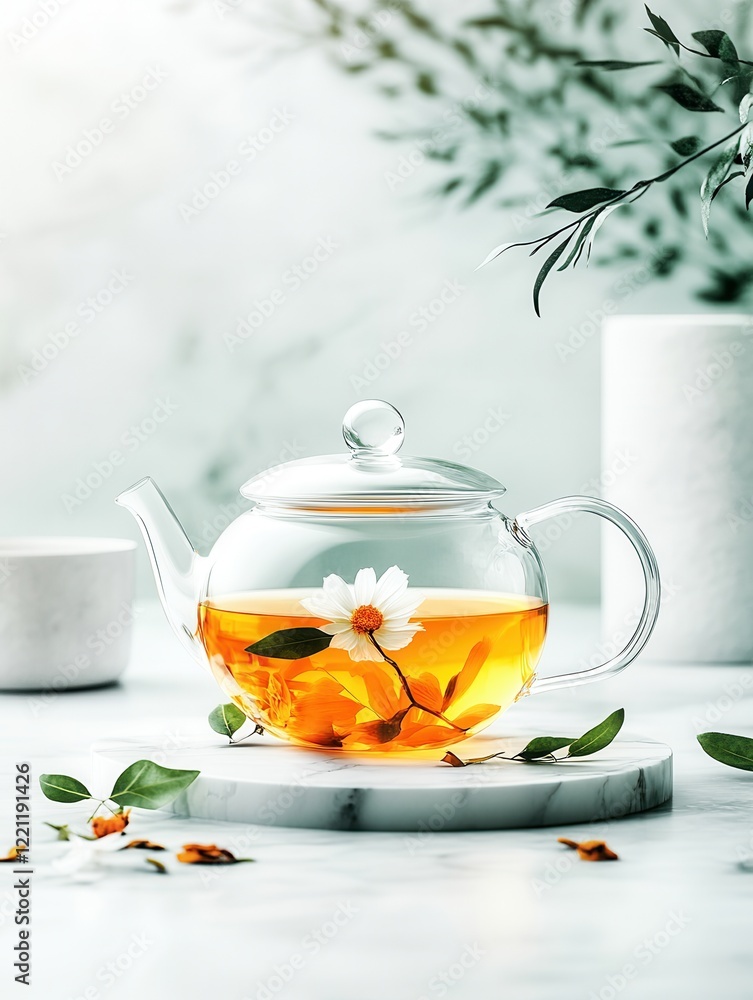 Elegant glass teapot with herbal tea and floral elements for kitchen decor. Elegant glass teapot with herbal tea and floral elements for kitchen decor.