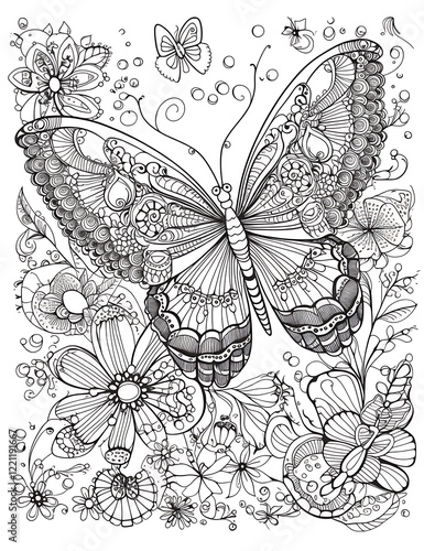 a butterfly with flowers and butterflies on it coloring page