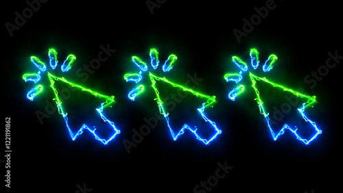 Glowing neon line Computer mouse click cursor arrow icon. Neon Cursor icon. glowing Mouse click cursor symbol.