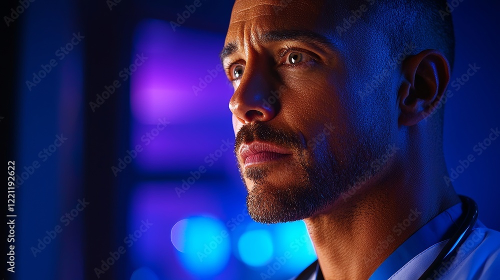 Portrait Of A Sweating Man In Shirt, Dramatic Blue And Purple Lighting