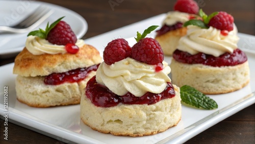 Wallpaper Mural Cream Tea Scones Close-up of Three Scones with Raspberry Jam, Cream and Mint, Food Photography, Dessert, Scone Recipe Scones, Raspberry Jam Torontodigital.ca