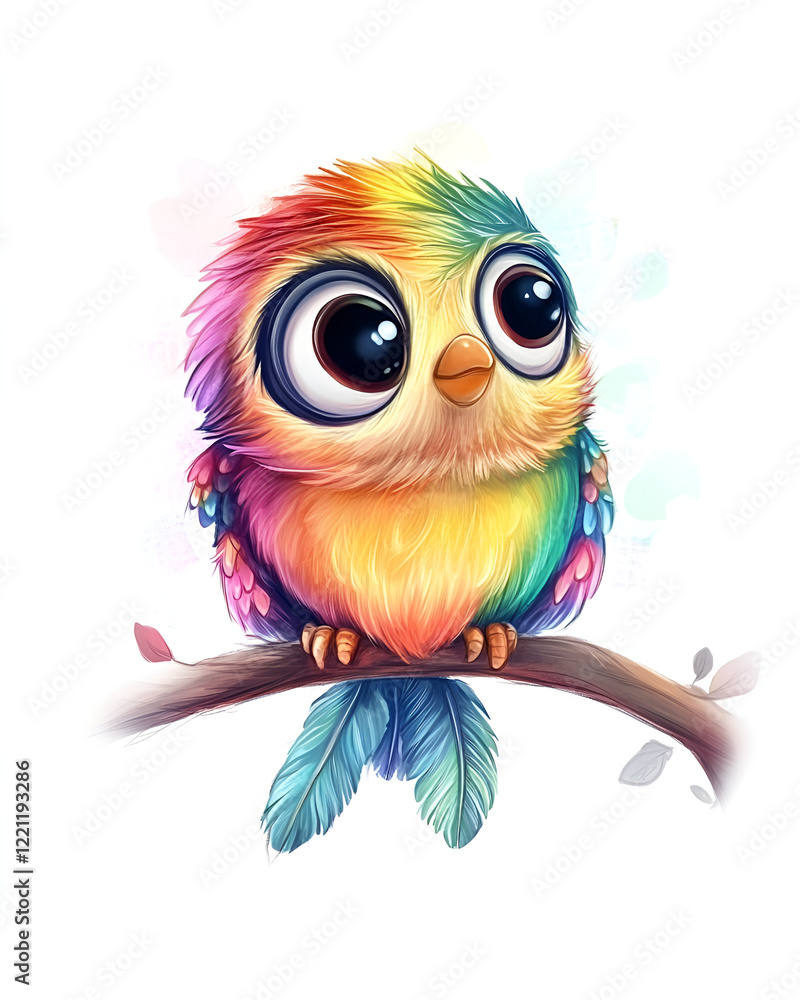 Fototapeta premium Adorable colorful cartoon bird perched on a branch with a vibrant artistic style 