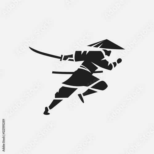 Silhouette of a running samurai with a sword, wearing traditional attire and a straw hat, evoking speed and agility on a minimalist white background.