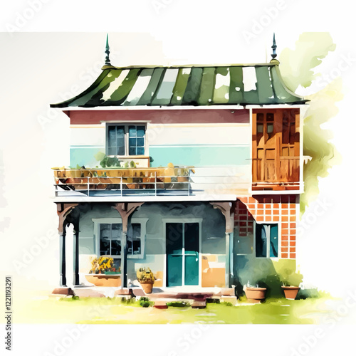 watercolor vintage countryside estate with garden and balcony vector illustration