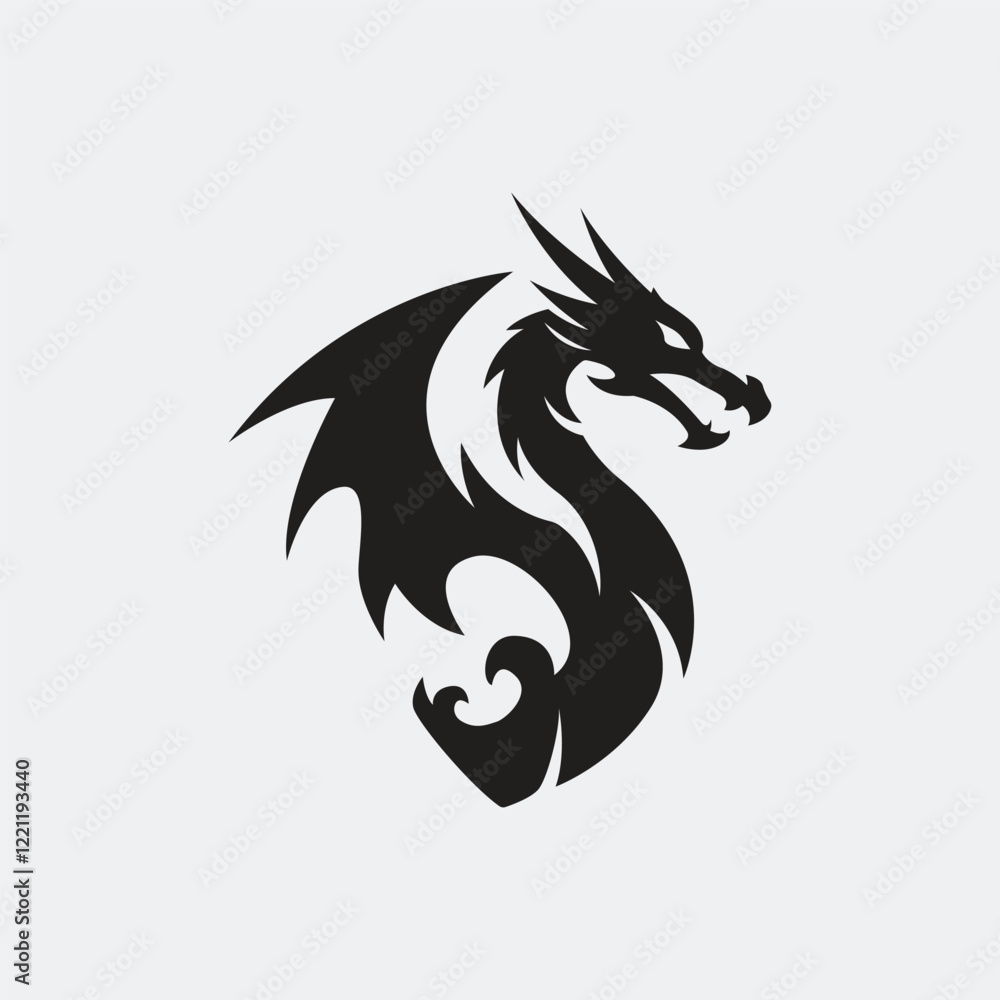 Naklejka premium Silhouette of a dragon with sharp horns, wings, and a curled tail, symbolizing power and mysticism in a bold and minimalist black design on a white background.