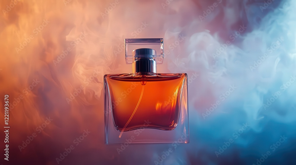 A luxurious perfume bottle suspended in mid-air, with swirling liquid and colorful mist escaping from the opening, illuminated by a soft glow that highlights the bottle’s elegant curves. A luxurious perfume bottle suspended in mid-air, with swirling liquid and colorful mist escaping from the opening, illuminated by a soft glow that highlights the bottle’s elegant curves.
