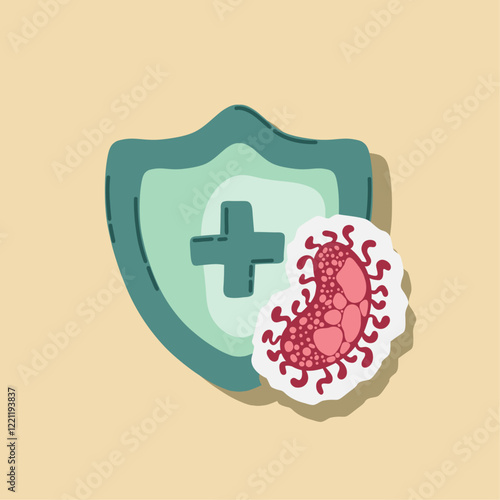 Guard shield attacked by virus, germs and bacteria. Immune system and virus protection concept. Immunity hygienic medical prevention