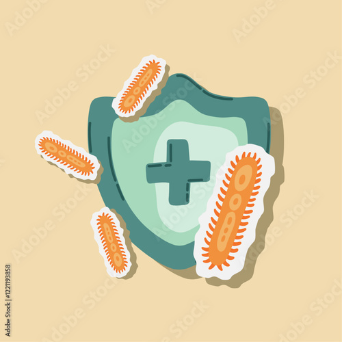 Guard shield attacked by virus, germs and bacteria. Immune system and virus protection concept. Immunity hygienic medical prevention