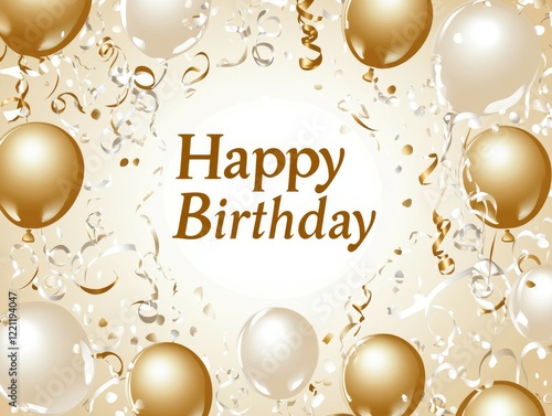happy birthday card, celebration card featuring golden and white balloons 