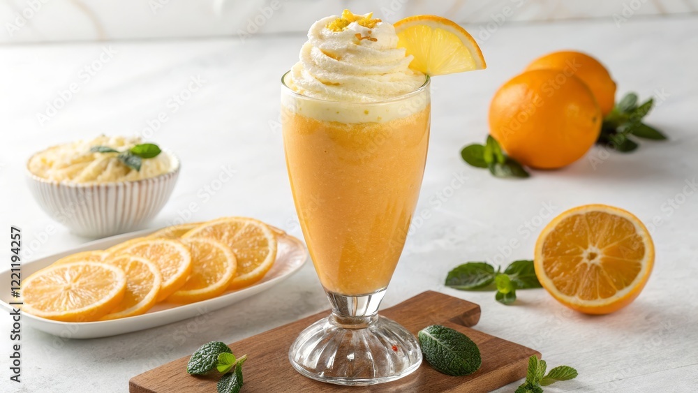 Fototapeta premium Orange Creamsicle Smoothie Whipped Cream, Orange Slices, Glass, Food Photography, Recipe, Orange Smoothie Orange Smoothie,Creamsicle Recipe