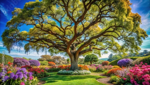 A majestic tree covered in vibrant flowers and lush greenery with branches stretching towards the sky, picturesque setting, botanical garden photo