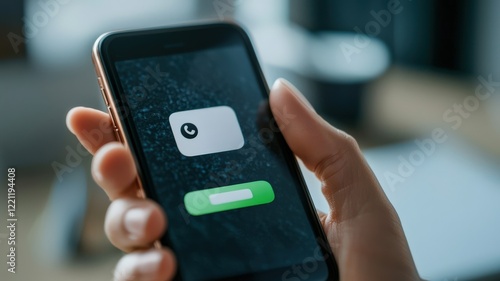 Wallpaper Mural spam call phone security concept. A person holds a smartphone displaying a login screen with a button and a security prompt. Torontodigital.ca