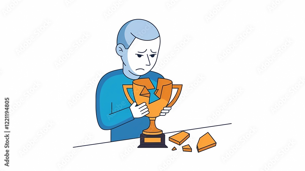 Disappointed character holding a broken trophy, showcasing feelings of loss on plain background