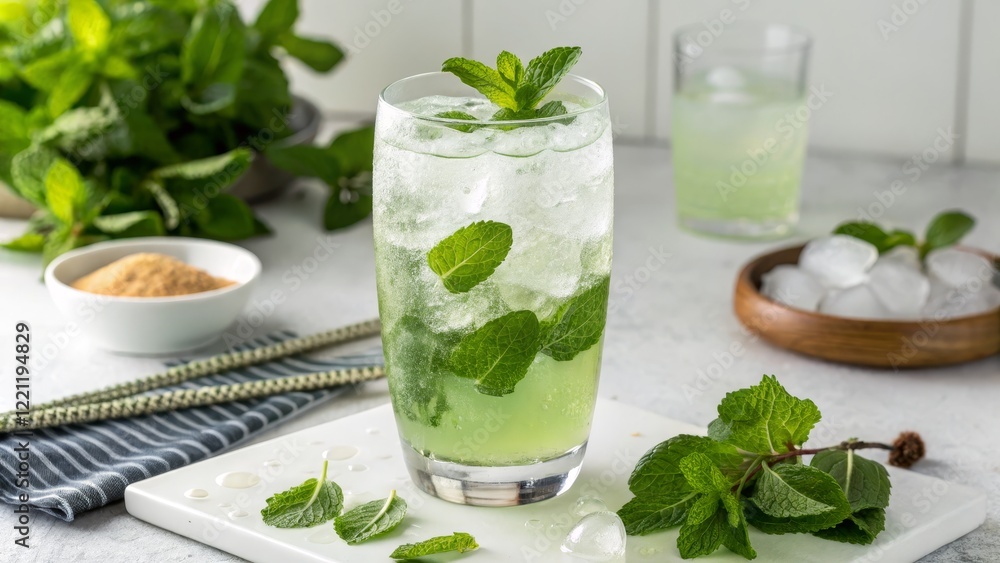 Refreshing Iced Mint Drink High-angle Close-up Composition, Green Hues, Summer Beverage Concept, Mint Julep Recipe Mint Julep, Summer Drink Refreshing Iced Mint Drink High-angle Close-up Composition, Green Hues, Summer Beverage Concept, Mint Julep Recipe Mint Julep, Summer Drink