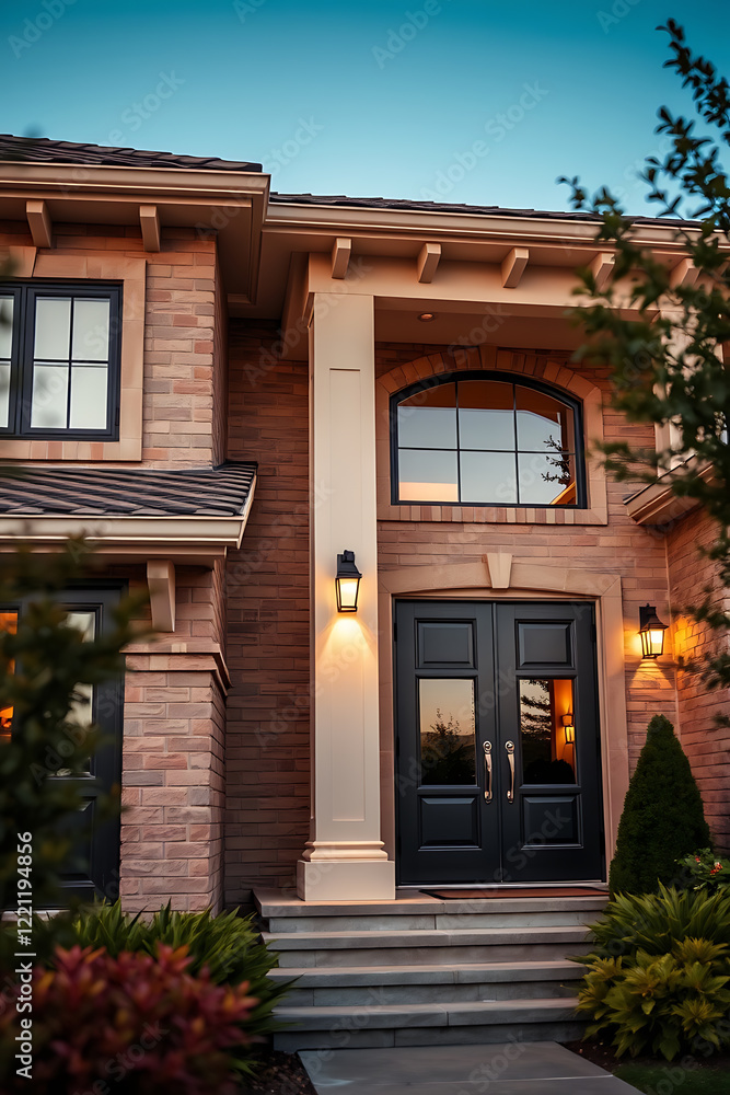 Fototapeta premium Luxury Brick House Exterior at Night. Modern Home Design, Real Estate Photography