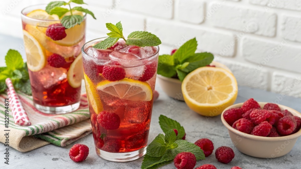 Refreshing Raspberry Lemon Iced Tea Recipe Two Glasses, Close Up, Summer Drink, keyword1 summer beverage, keyword2 raspberry lemonade Refreshing Raspberry Lemon Iced Tea Recipe Two Glasses, Close Up, Summer Drink, keyword1 summer beverage, keyword2 raspberry lemonade