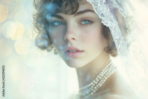 An ethereal bridal portrait features a young woman with a delicate lace veil and pearl necklace, exuding beauty and grace, set against a dreamy light-filled background. photo