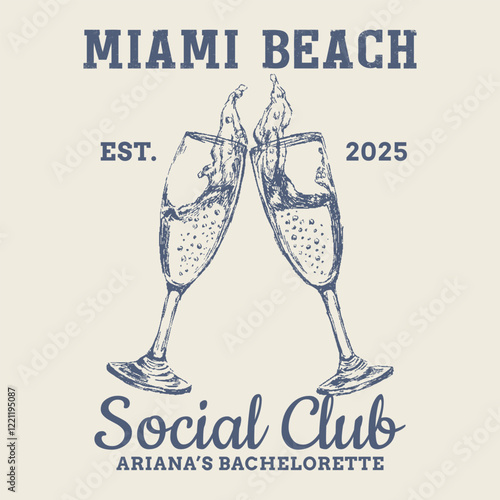 miami beach social club.  Summer Cocktail T shirt Design, Cocktails retro poster vector, Party poster design. Drinks, Cocktails, Typography. Vintage pencil sketch. Engraving style. Labels