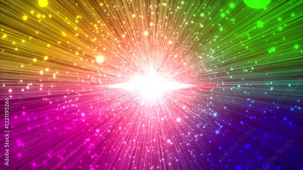 Vibrant Rainbow Burst Animation with Radiating Light and Dynamic Particle Effects – Ideal for Celebrations, Festivals, or Futuristic Concepts Vibrant Rainbow Burst Animation with Radiating Light and Dynamic Particle Effects – Ideal for Celebrations, Festivals, or Futuristic Concepts