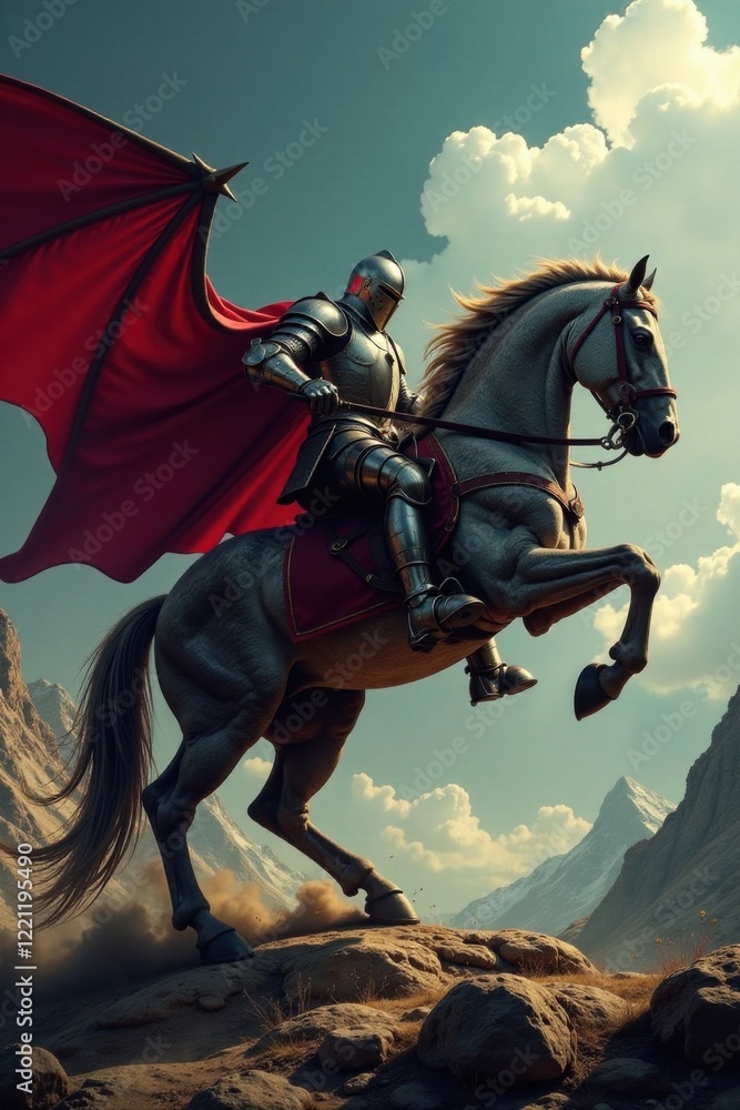 Fototapeta premium Knight's horse trampling on dragon's scales as it attacks, knights, battle, horses