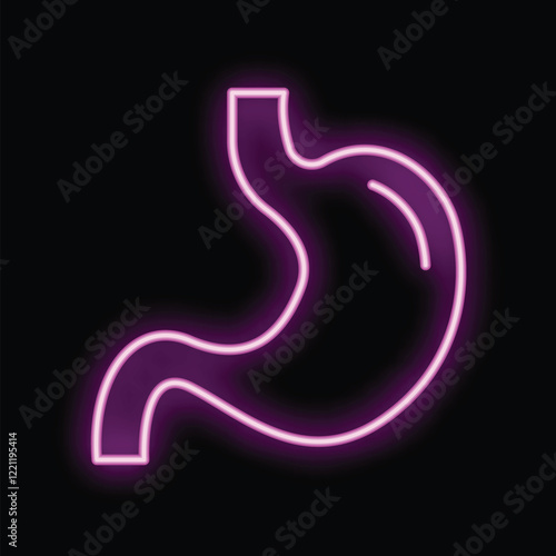 Neon stomach icon glowing on a dark background, representing digestive health