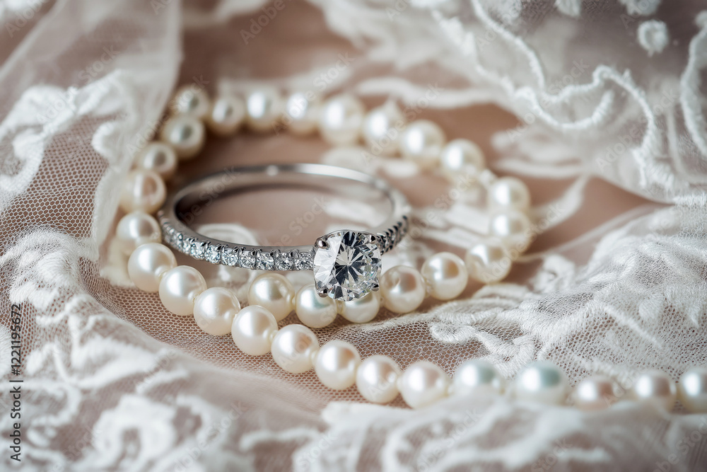 Fototapeta premium Elegant flat lay of bridal accessories with lace fabric, pearls, and a diamond ring.