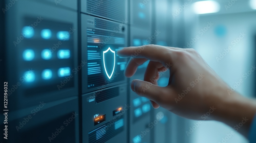 Fototapeta premium Hand initiates data processing by activating server button in a center