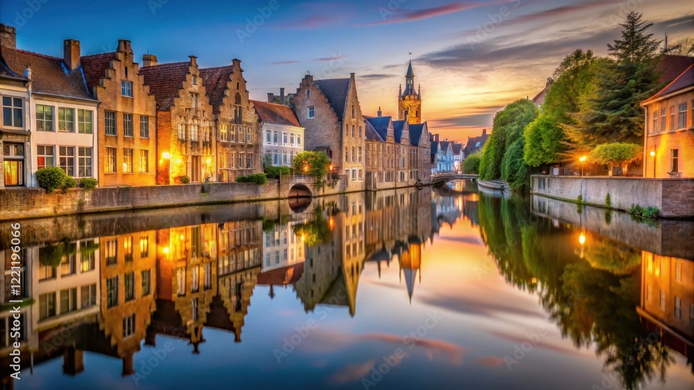 Ancient architecture reflected in still waters of Bruges canal at dusk , serene landscape, canal reflection Ancient architecture reflected in still waters of Bruges canal at dusk , serene landscape, canal reflection