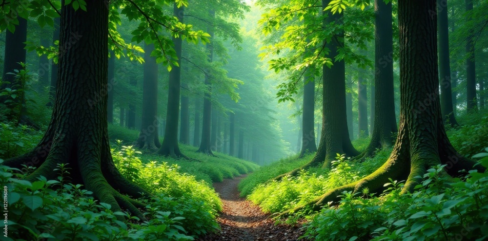 Fototapeta premium Lush forest with tall trees and vibrant greenery, trees, nature