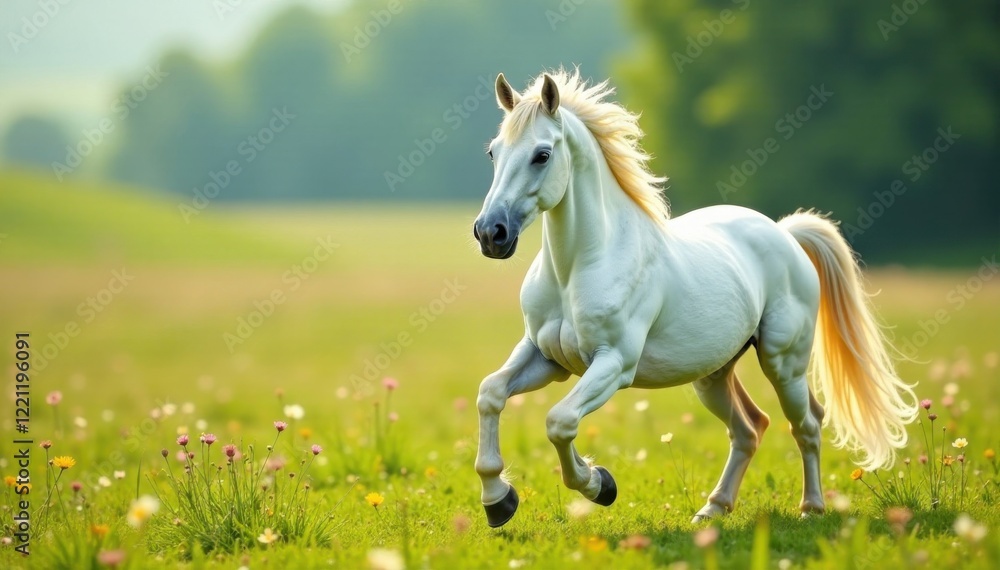 Majestic unicorn mare prancing in a meadow, horse, flowers Majestic unicorn mare prancing in a meadow, horse, flowers