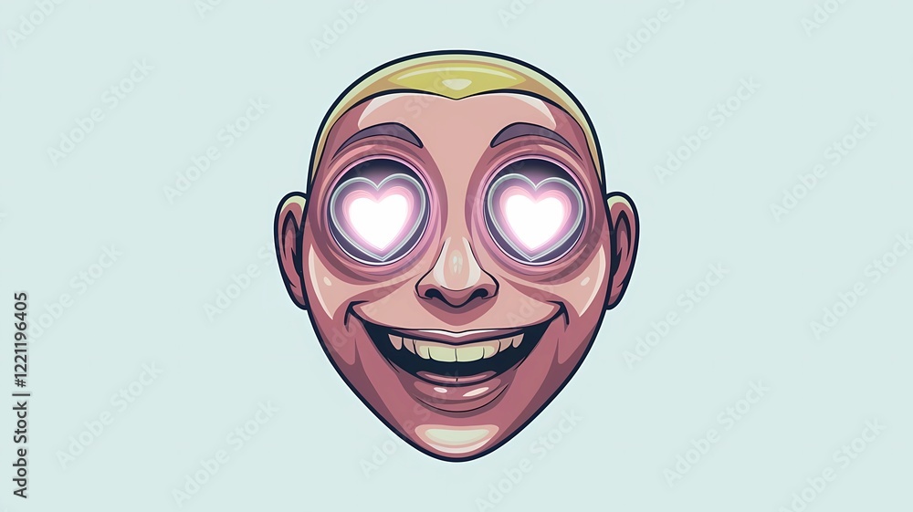 Fototapeta premium Excited cartoon character with heart-shaped eyes, expressing infatuation on bright background