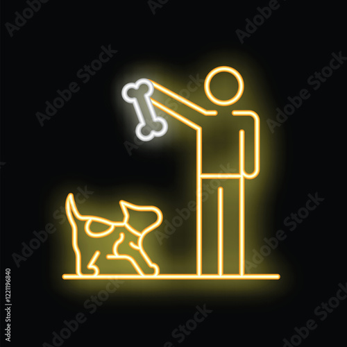 Neon style icon of a man training a dog with a bone treat, perfect for pet related designs