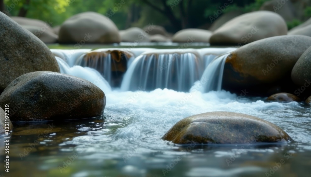 Gentle water flow over smooth stones creates a soothing sound, streaming water, peaceful environment Gentle water flow over smooth stones creates a soothing sound, streaming water, peaceful environment