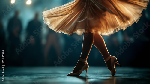Elegant dancer's legs in high heels performing on stage with dramatic lighting, with copy space