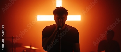 A powerful scene depicting a musician performing against a dramatic backdrop of an illuminated cross. The atmosphere is charged with emotion, reflecting spiritual themes in music. photo