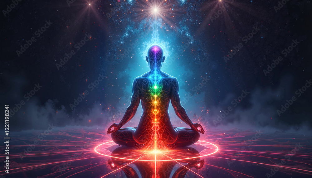 Obraz premium Spiritual figure meditating with glowing chakras and cosmic background, symbolizing inner peace and energy, with copy space