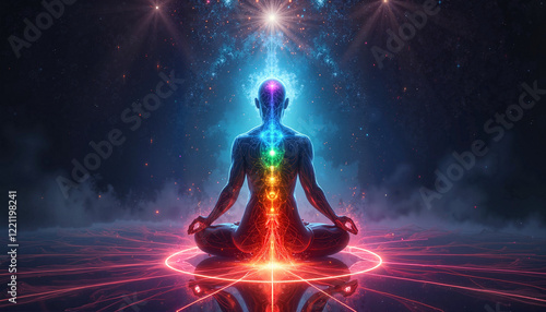 Spiritual figure meditating with glowing chakras and cosmic background, symbolizing inner peace and energy, with copy space