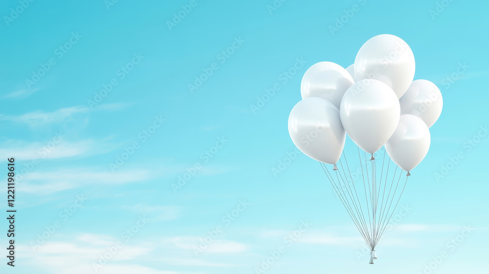 Fototapeta premium White Balloons Against Blue Sky: A cluster of pristine white balloons floats against a backdrop of a vast, clear blue sky, a serene symbol of joy and celebration.