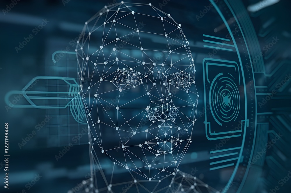 Close-up of a digital face recognition scan, with abstract lines and dots mapping human facial features in a high-tech setting.