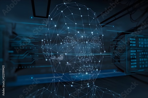 Obraz na płótnie Close-up of a digital face recognition scan, with abstract lines and dots mapping human facial features in a high-tech setting.
w salonie
