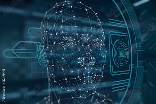 Obraz na płótnie Close-up of a digital face recognition scan, with abstract lines and dots mapping human facial features in a high-tech setting.
w salonie