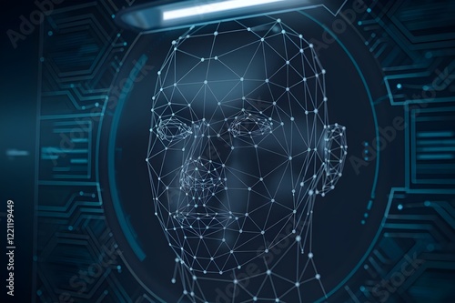 Obraz na płótnie Close-up of a digital face recognition scan, with abstract lines and dots mapping human facial features in a high-tech setting.
w salonie