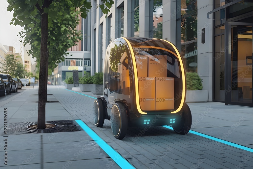A futuristic delivery robot navigating a city sidewalk, with glowing indicators and package storage.