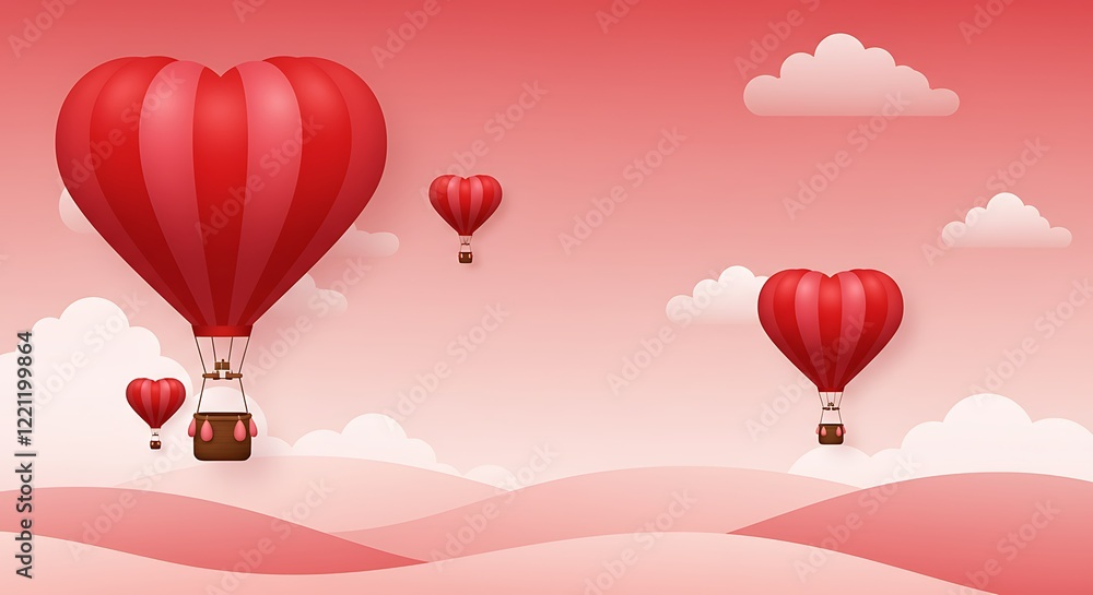 Obraz premium Romantic Hot Air Balloons in Red & Pink Over Dreamy Pastel Landscape