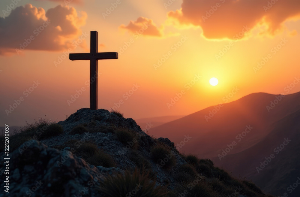 Cross silhouette at sunset on mountain hilltop with vibrant sky Cross silhouette at sunset on mountain hilltop with vibrant sky