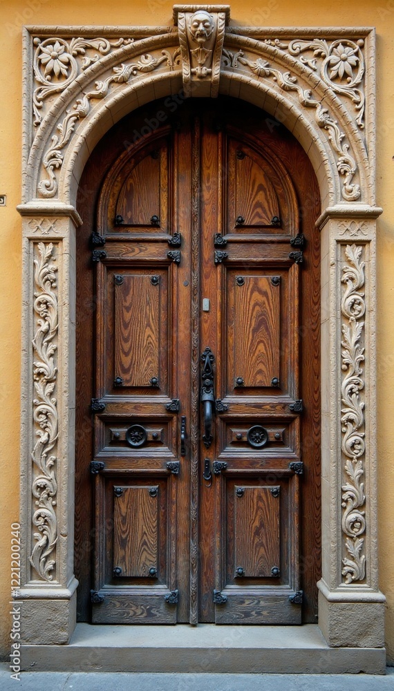 Fototapeta premium Rustic wooden door with intricate carvings, wood grain, texture, carvings