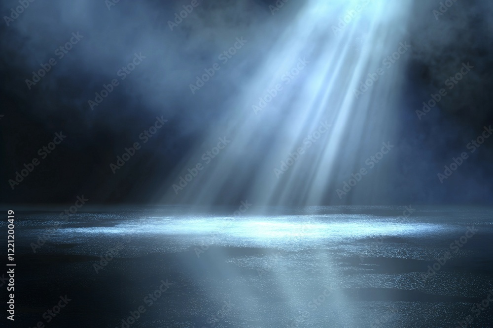 Ethereal rays dramatic light and shadow in a reflective, misty realm background. Ethereal rays dramatic light and shadow in a reflective, misty realm background.