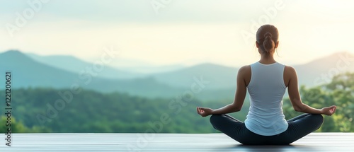 A serene scene of a woman meditating outdoors with breathtaking mountains in the background, promoting relaxation and mindfulness in nature's embrace.