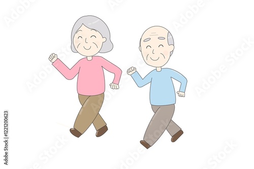 grandpa and grandma walking(ウォーキングする老夫婦、おじいちゃんとおばあちゃんのイラスト)